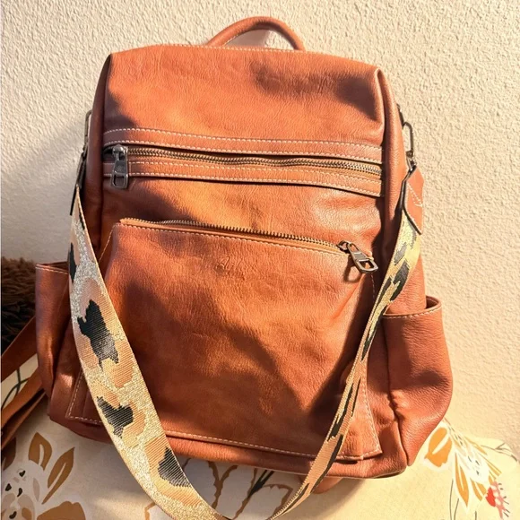 Vintage Tan vegan Leather Backpack with Patterned Strap - Picture 1 of 11